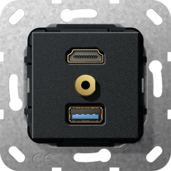 Gira HDMI,USB 3.0 A,M Klinke Kabelpeitsche Einsatz Schwarz matt 568110