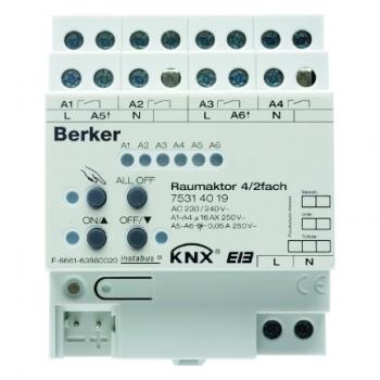 Berker Raumaktor 4/2fach 16 A Schlie§er, Hand, Status, REG KNX lichtgrau 75314019
