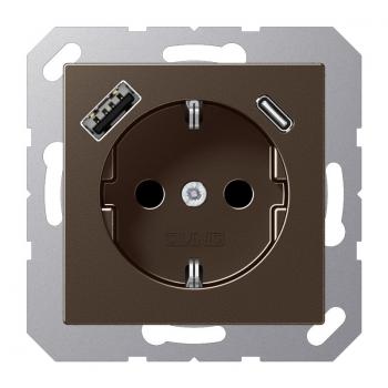 Jung SCHUKO Steckdose 16 A 250 V ~, mit USB-Ladegerät 1 x Typ A + 1 x Typ C, Berührungsschutz, Serie A, mokka A1520-15CAMO