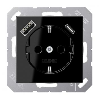 Jung SCHUKO Steckdose 16 A 250 V ~, mit USB-Ladegerät 1 x Typ A + 1 x Typ C, Berührungsschutz, Serie A, schwarz A1520-15CASW