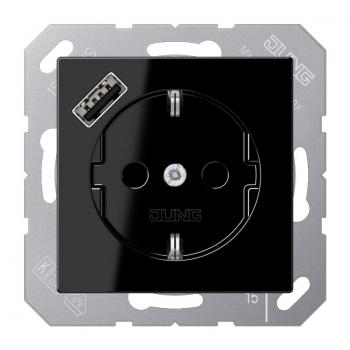 Jung SCHUKO Steckdose 16 A 250 V ~, mit USB-Ladegerät 1 x Typ A, Berührungsschutz, Serie A, schwarz A1520-18ASW