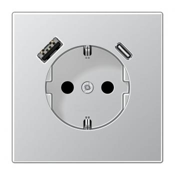 Jung SCHUKO Steckdose 16 A 250 V ~, mit USB-Ladegerät 1 x Typ A + 1 x Typ C, Berührungsschutz, Serie LS, Aluminium (lackiert) AL1520-15CA-L