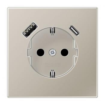 Jung SCHUKO Steckdose 16 A 250 V ~, mit USB-Ladegerät 1 x Typ A + 1 x Typ C, Berührungsschutz, Serie LS, Edelstahl (lackiert) ES1520-15CA-L