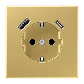 Jung SCHUKO Steckdose 16 A 250 V ~, mit USB-Ladegerät 1 x Typ A + 1 x Typ C, Berührungsschutz, Serie LS, Messing classic (lackiert) ME1520-15CAC-L