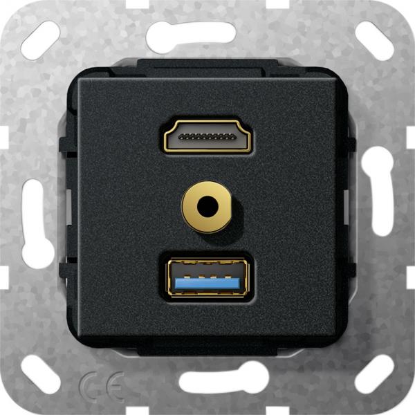 Gira HDMI,USB 3.0 A,M Klinke Kabelpeitsche Einsatz Schwarz matt 568110