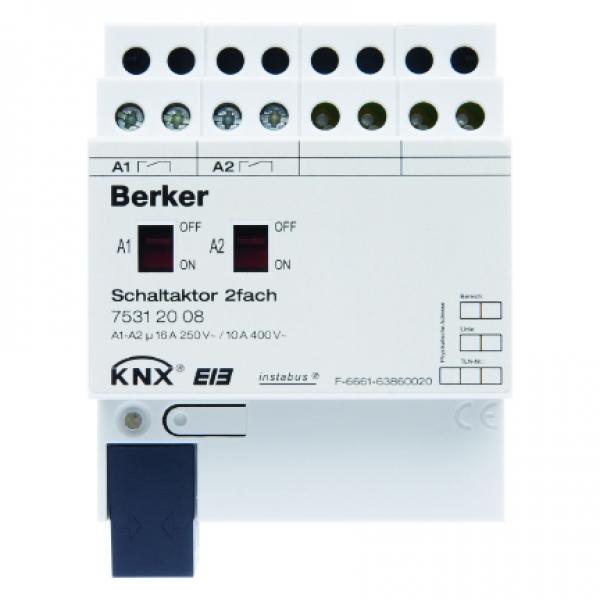 Berker Schaltaktor 2fach 16 A Schlie§er, Hand, Status, REG KNX lichtgrau 75312008