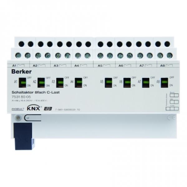 Berker Schaltaktor 8fach 16 A C-Last, Schlie§er, Hand, Status, REG KNX lichtgrau 75318005