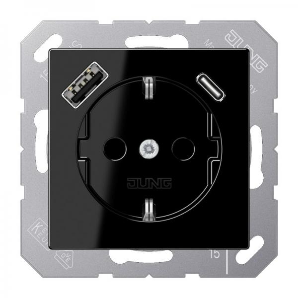 Jung SCHUKO Steckdose 16 A 250 V ~, mit USB-Ladegerät 1 x Typ A + 1 x Typ C, Berührungsschutz, Serie A, schwarz A1520-15CASW