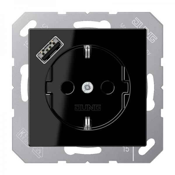 Jung SCHUKO Steckdose 16 A 250 V ~, mit USB-Ladegerät 1 x Typ A, Berührungsschutz, Serie A, schwarz A1520-18ASW
