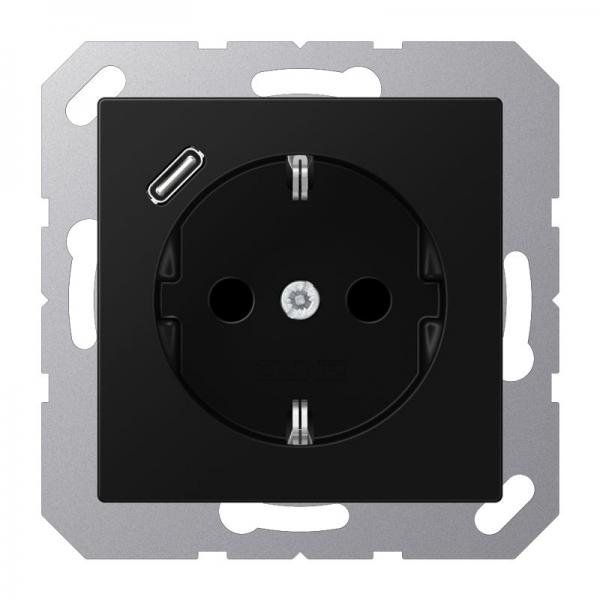 Jung SCHUKO Steckdose 16 A 250 V ~, mit USB-Ladegerät 1 x Typ C, Berührungsschutz, Serie A, graphitschwarz matt A1520-18CSWM