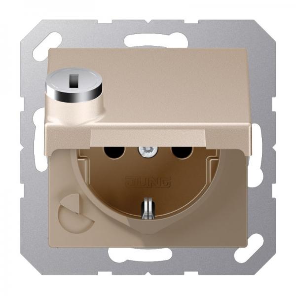 Jung SCHUKO Steckdose, 16 A 250 V ~, Berührungsschutz, Klappdeckel, mit Sicherheitsschloss, Thermoplast lackiert, Serie A, champagner A1520BFKLSLCH