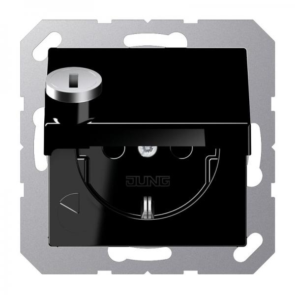 Jung SCHUKO Steckdose, 16 A 250 V ~, Berührungsschutz, Klappdeckel, mit Sicherheitsschloss, Thermoplast, Serie A, schwarz A1520BFKLSLSW