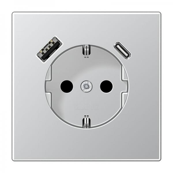 Jung SCHUKO Steckdose 16 A 250 V ~, mit USB-Ladegerät 1 x Typ A + 1 x Typ C, Berührungsschutz, Serie LS, Aluminium (lackiert) AL1520-15CA-L