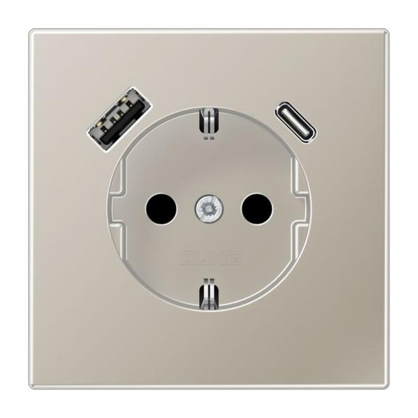Jung SCHUKO Steckdose 16 A 250 V ~, mit USB-Ladegerät 1 x Typ A + 1 x Typ C, Berührungsschutz, Serie LS, Edelstahl (lackiert) ES1520-15CA-L
