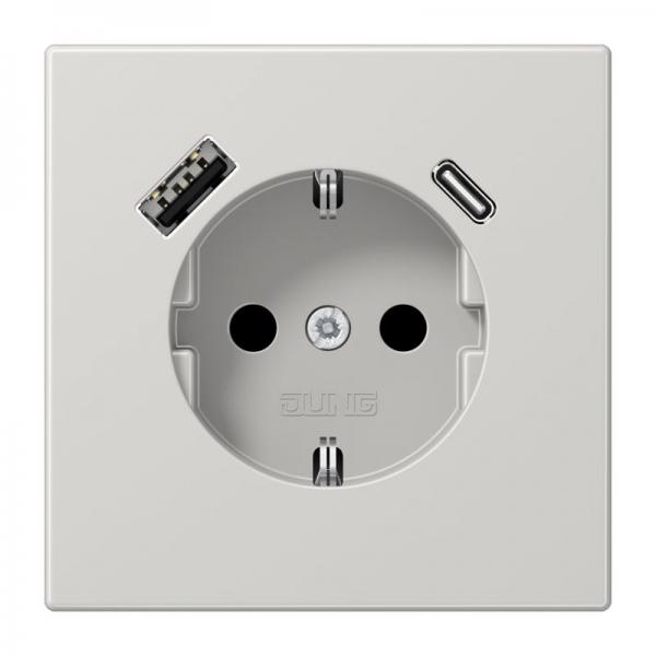 Jung SCHUKO Steckdose 16 A 250 V ~, mit USB-Ladegerät 1 x Typ A + 1 x Typ C, Berührungsschutz, Serie LS, lichtgrau LS1520-15CALG